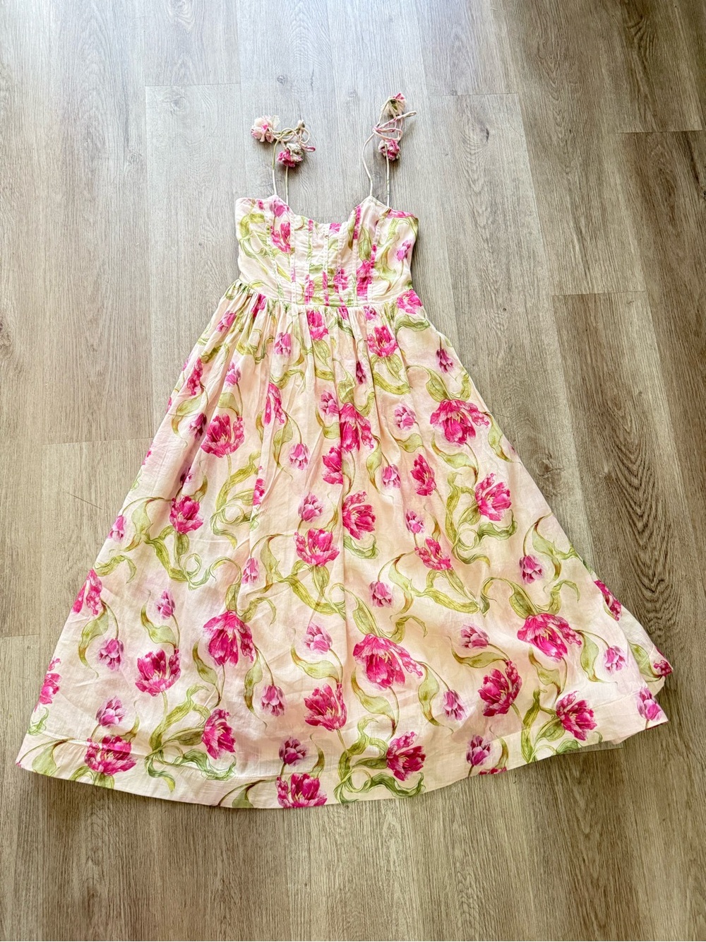 en saison pink & cream floral print tie strap midi summer sun dress size small